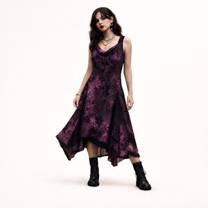 Vintage Y2K Midi dress Burnout velvet Dark Romantic Goth Purple black Fairy L